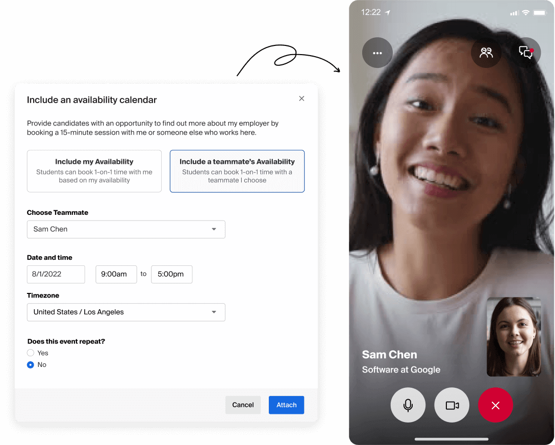 Screenshot from Handshake app and video call with an employer and candidate