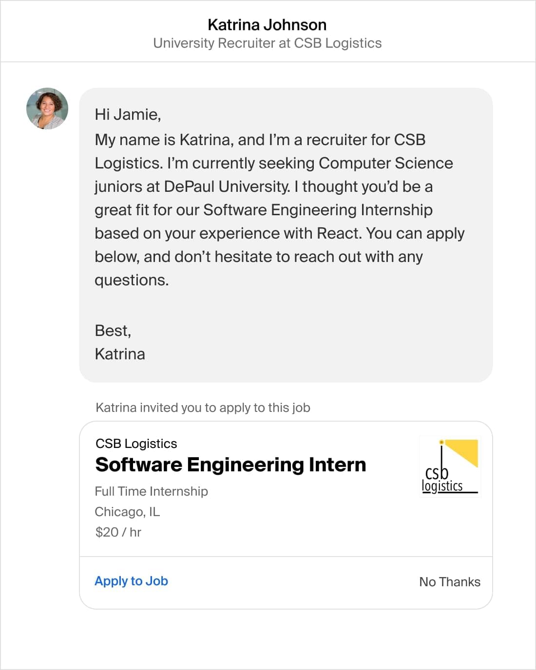 screenshot of recruiter sending message to students to apply for internship