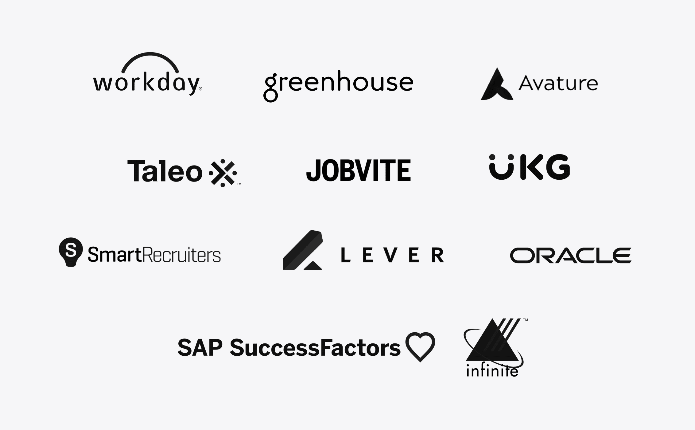 Workday, Greenhouse, Avature, Taleo, Jobvite, UKG, SmartrecRuiters, Lever, Oracle, SAP, and Infinite logo wall