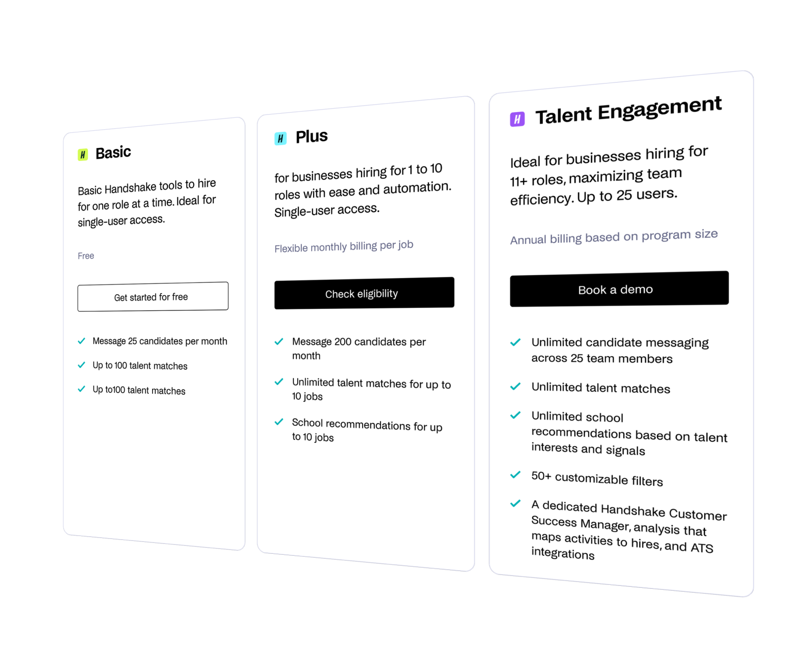 comparison on Handshake features for different product tiers